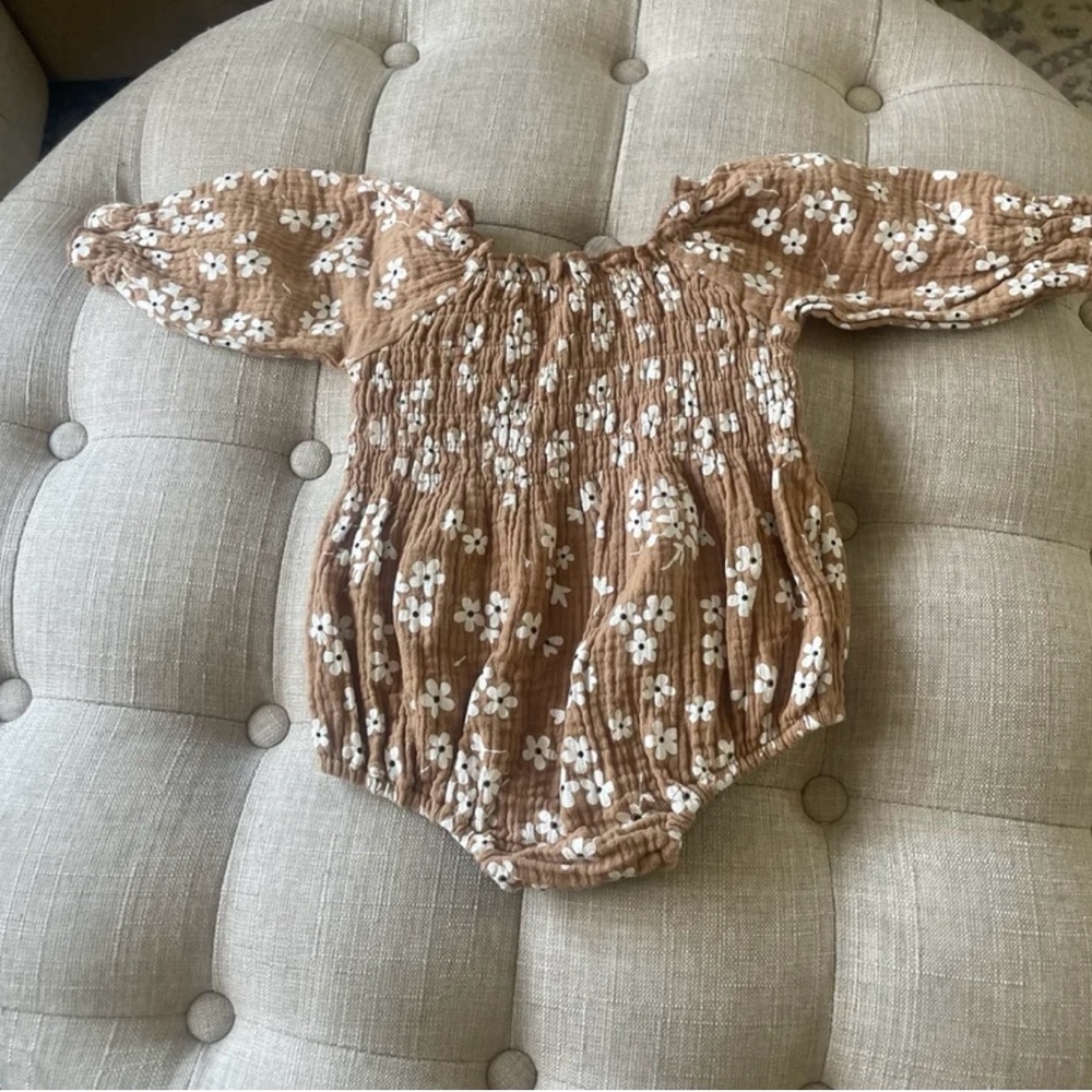 Smocked Off-Shoulder Baby Romper - Brown Floral